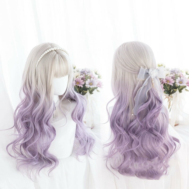 ウィッグ カールウィッグ フルウィッグ 可愛い ロング コスプレウィッグ 空気感フルウィッグ ツートン 自然 耐熱 ウィッグ ふわふわ巻き髪 ウイッグ シルバーパープル ウェーブ 前髪 かつら グラデーション ゆめかわいい ファッションウィッグ エクステ 全頭かつら