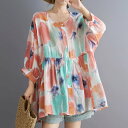 チュニック ロングシャツ 半袖 レディース シャツ トップス プリント ロング 春物 花柄 薄手 ブラウス Tシャツ チュニック 大きいサイズ 五分袖 春 夏 ...
