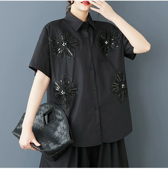 シャツ夏半袖ブラウスレディース刺繍...