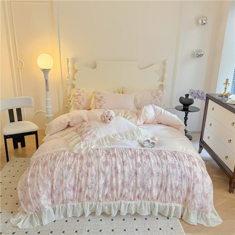 布団カバーセット 掛け布団カバー 4点セット 姫系 セミダブル ベッドカバー フラットシーツ ベッドスカート フリル付き 韓国風 柔らかい 洗える 寝具 通気 花柄 オシャレ ベッドカバー 可愛い布団カバー 掛けカバー 掛けふとんカバー ベッドカバー 掛カバー 敷布団カバー
