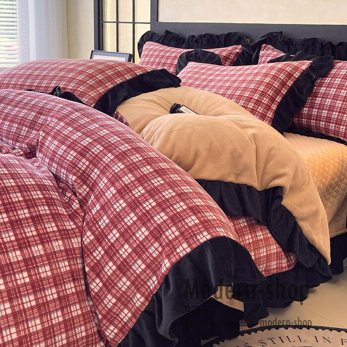 布団カバー 4点セット あったか 布団カバーセット 寝具カバーセット チェック 冬用 ダブル 4点セット フリル 掛け布団カバー フランネル 布団カバー かわいい おしゃれ 毛布カバーフラットシーツ お嬢様 掛けふとんカバー ベッドカバー 枕カバー2枚 掛カバー 毛布 寝具 [3]