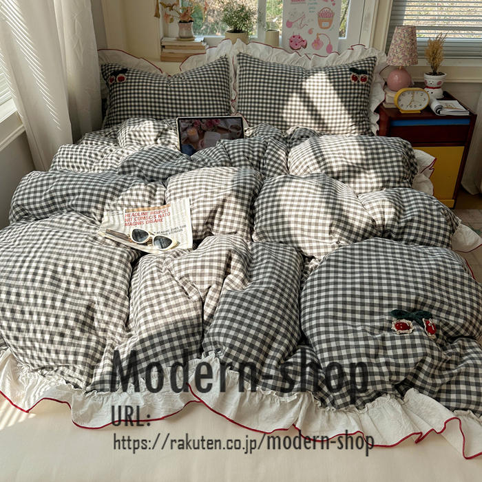掛け布団カバー 布団カバー シングル 3点セット 綿 フリル チェック チェリー柄 寝...