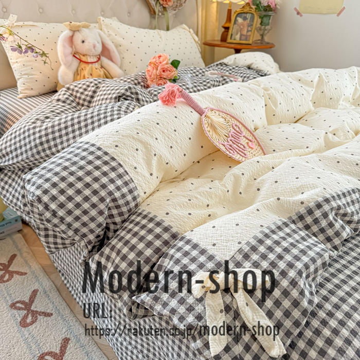 Other - 布団カバー セット 4点セット 可愛い 切替え リボン柄 チェック ドット 掛け布団カバー 布団カバーセット シングル セミダブル 春夏 フラットシーツ シーツカバー ボックスシーツ 通気 洗える 掛け布団カバー 掛けカバー 掛けふとんカバー 敷布団カバー 子供布団 レディース