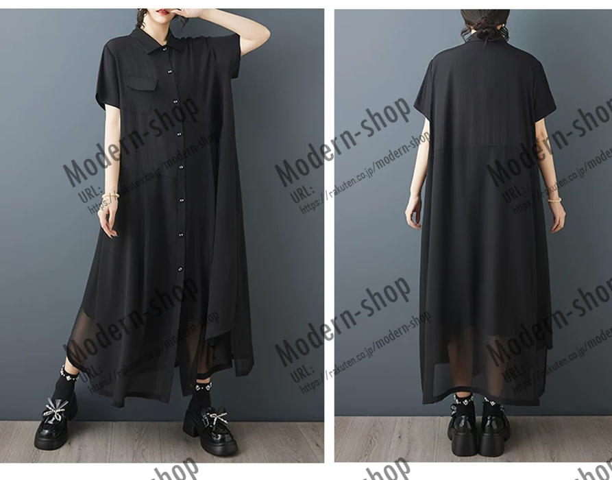 ワンピース シャツワンピース 切替え ロングシャツ チュニック レディース ロングワンピース 半袖 大人 春夏 Tシャツ カットソー 可愛い ブラウス トップス きれいめ カジュアル 無地 大きいサイズ オーバーサイズ 体型カバー 着痩せ 上品 大人 春服 ドレス 結婚式 ブラック modern-shop-10002840 modern-shop サンプル画像2