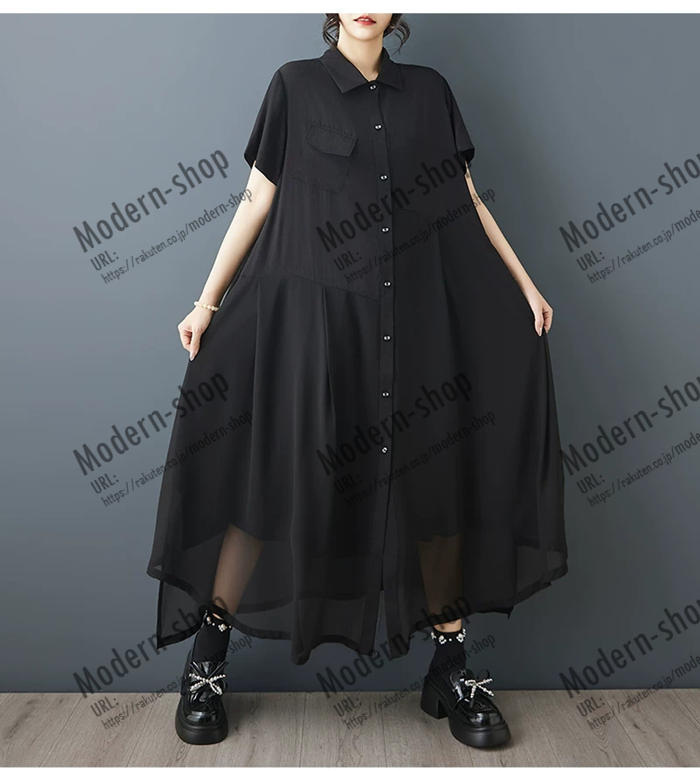 ワンピース シャツワンピース 切替え ロングシャツ チュニック レディース ロングワンピース 半袖 大人 春夏 Tシャツ カットソー 可愛い ブラウス トップス きれいめ カジュアル 無地 大きいサイズ オーバーサイズ 体型カバー 着痩せ 上品 大人 春服 ドレス 結婚式 ブラック modern-shop-10002840 modern-shop サンプル画像3