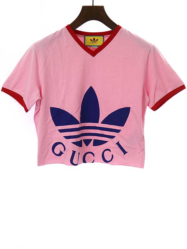 GUCCI × adidas グッチ × アディダス 22SS ロゴプリントカットオフクロップドTシャツ ピンク サイズ:L 【中古】 IT015IYEQAAG