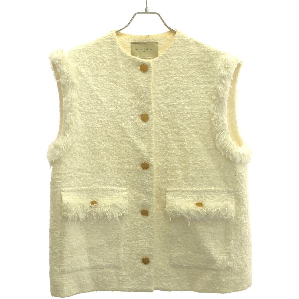 UNITED ARROWS ユナイテッドアローズ 23SS ファンシーツイード ノーカラーベスト 1522-257-2904 ホワイト 36 【中古】 ITDSUP4H606O