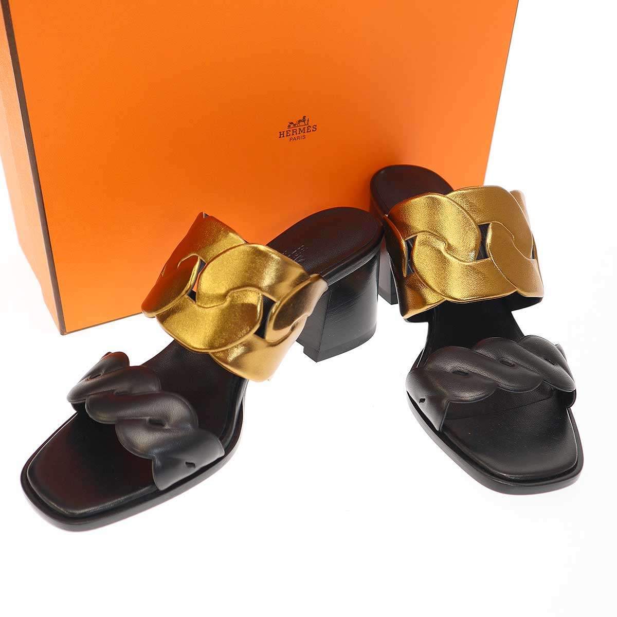 HERMES エルメス Gaby Sandals 60 ギャビーヒールサンダル ブラック ゴールド 37 1/2 【中古】 ITE8X8XR2EZR