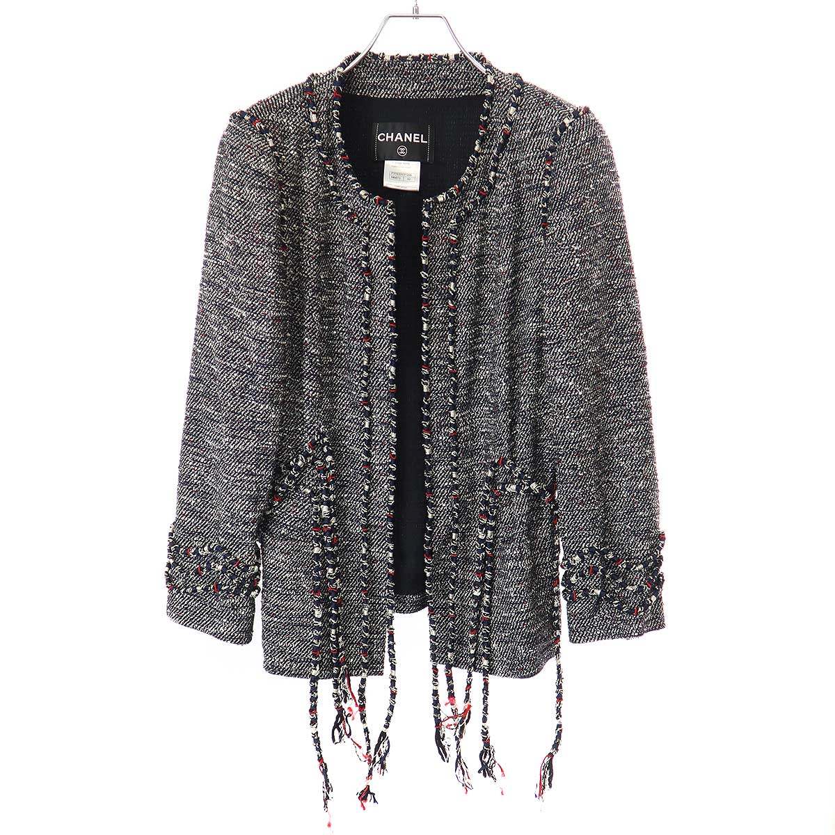 Rakuten - CHANEL シャネル ノーカラーツイードコードジャケット P37633V27256 ネイビー系 42 【中古】 IT0R9CVL4R9K