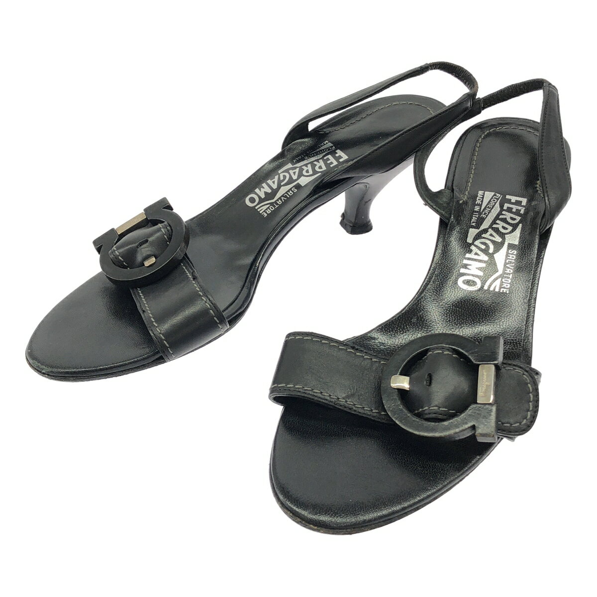 FERRAGAMO フェラガモ ガンチーニストラップヒールサンダル 27620 D55 ブラック 7 【中古】 IT2D8O8RL3UT