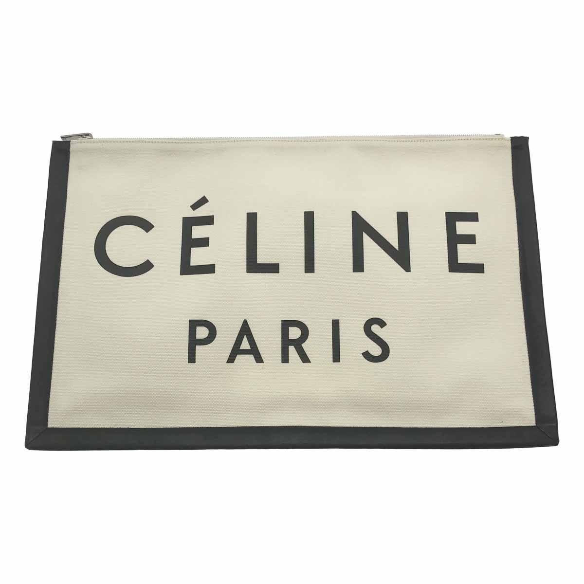CELINE by Phoebe Philo セリーヌ フィービーファイロ レザートリムロゴプリントキャンバスクラッチバッグ アイボリー 【中古】 IT9BFZWXN8NP