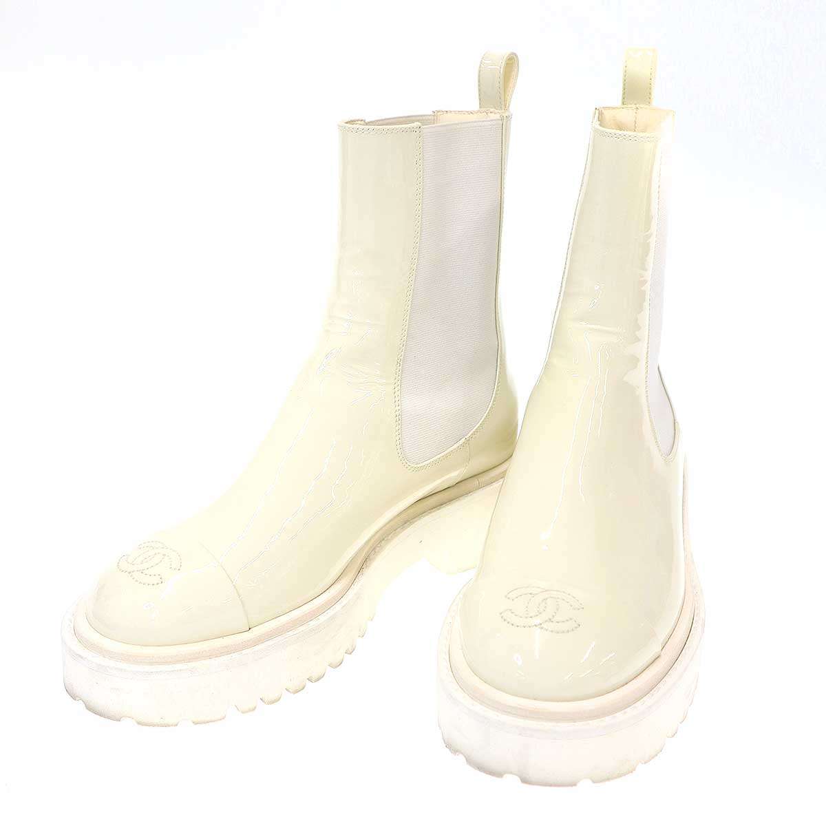 CHANEL シャネル ココマークトゥ サイドゴアパテントレザーブーツ G38218 ホワイト 36 1/2 【中古】 IT..