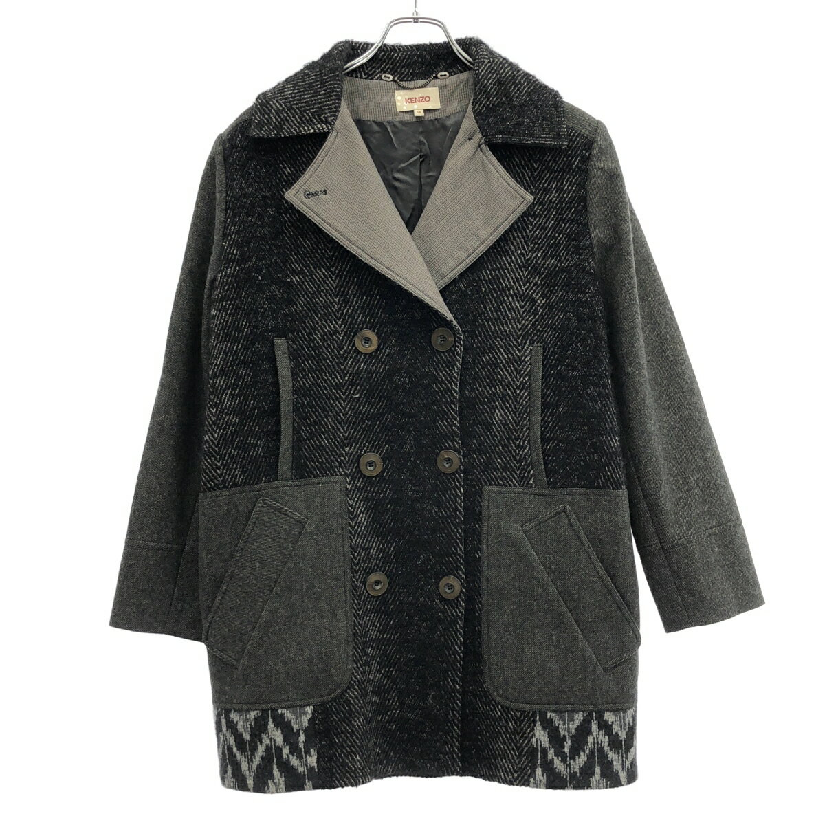 【KENZO】アルパカ混ヘリンボーン柄ブラックウールコート アルパカ混ヘリンボーンチェスターコート Traditional Standard