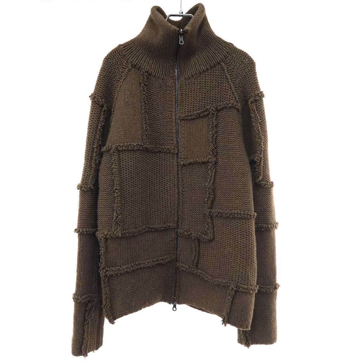 RAF SIMONS ラフシモンズ 2005AW POLTERGEIST パッチワークフルジップニットカーディガン カーキ 46 【中古】 ITEA3NCNTSQ8