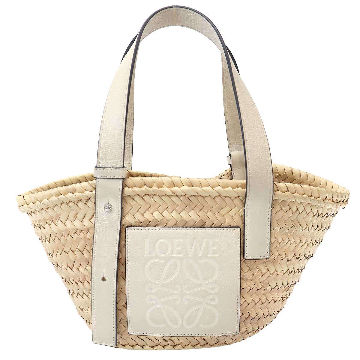 LOEWE ロエベ バスケットスモール ラフィア×レザー ハンドバッグ ベージュ ホワイト 【中古】 ITJMVJKKXBSG