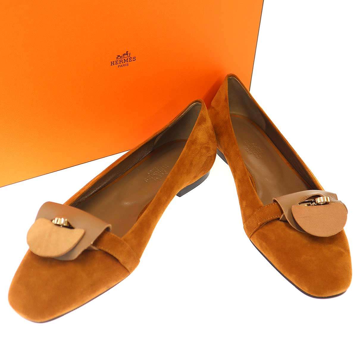 HERMES エルメス BILBAO ビルバオ スウェードレザーフラットシューズ ブラウン 36 1/2 【中古】 ITQT38E43L27