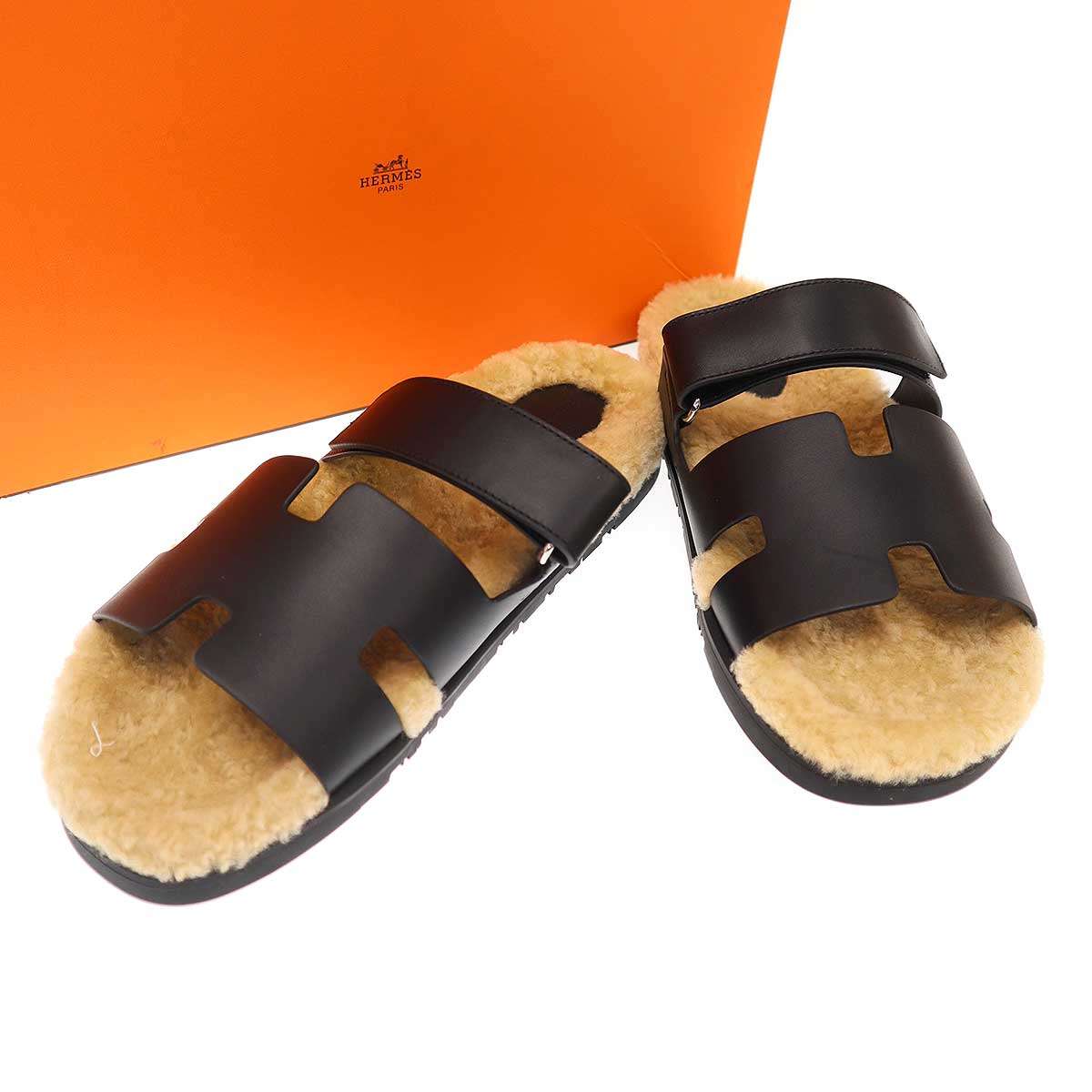 HERMES ����᥹ Chypre Sandals ���ץ� �ࡼ�ȥ�쥶�� ������� �֥�å� 43 ����š� ITMZITKOMQG0
