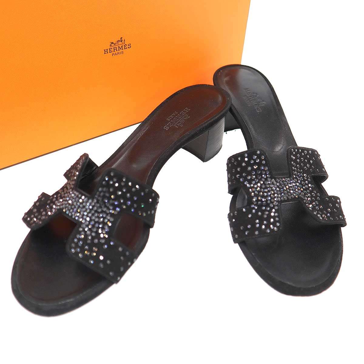 HERMES エルメス Oasis Sandal オアジス ラインストーンデザインサンダル ブラック 36 1/2 【中古】 IT01IO4OOH3V