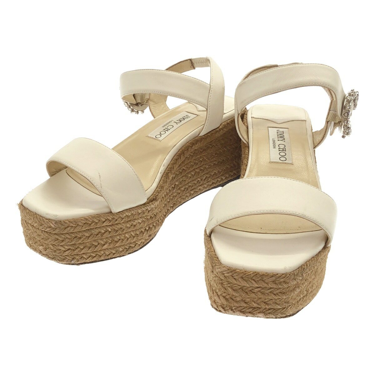 JIMMY CHOO ジミー チュウ MIRABELLE70 エスパドリーユクリスタルバックル レザーウェッジソールサンダル ホワイト 39 【中古】 IT5ADVDF926M