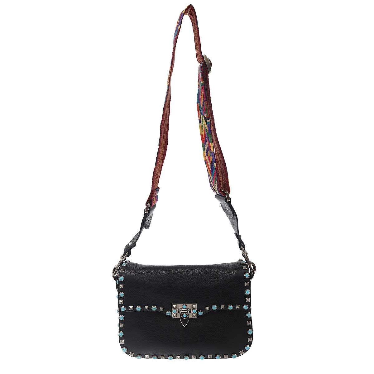 VALENTINO GARAVANI ヴァレンティノ ガラヴァーニ ターコイズスタッズレザーショルダーバッグ ブラック 【中古】 IT9TNNY5XDW0