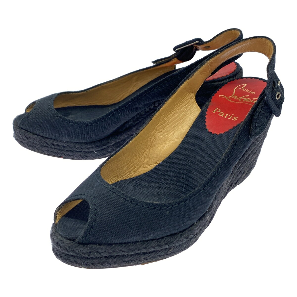 Christian Louboutin クリスチャンルブタン MENORCA100 エスパドリーユウェッジソールバックストラップサンダル ブラック 36 【中古】 ITNAKS3SFNDW