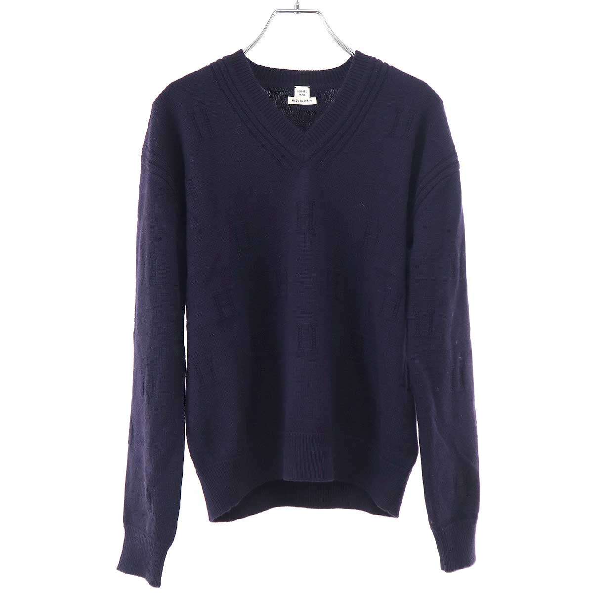 Rakuten - HERMES エルメス HロゴジャガードVネックウールニットセーター ネイビー 34 【中古】 IT7N9P0GLYGU