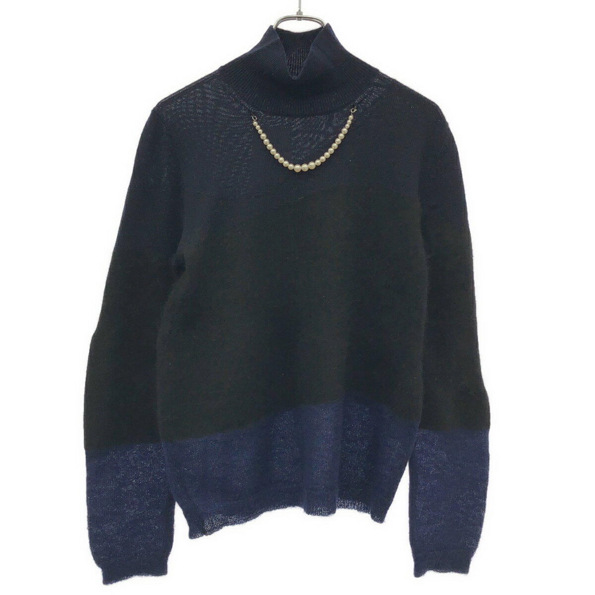 Rakuten - MUGLER ミュグレー パールデザインハイネックニットセーター ネイビー ブラック S 【中古】 IT5CK8WGSGWQ