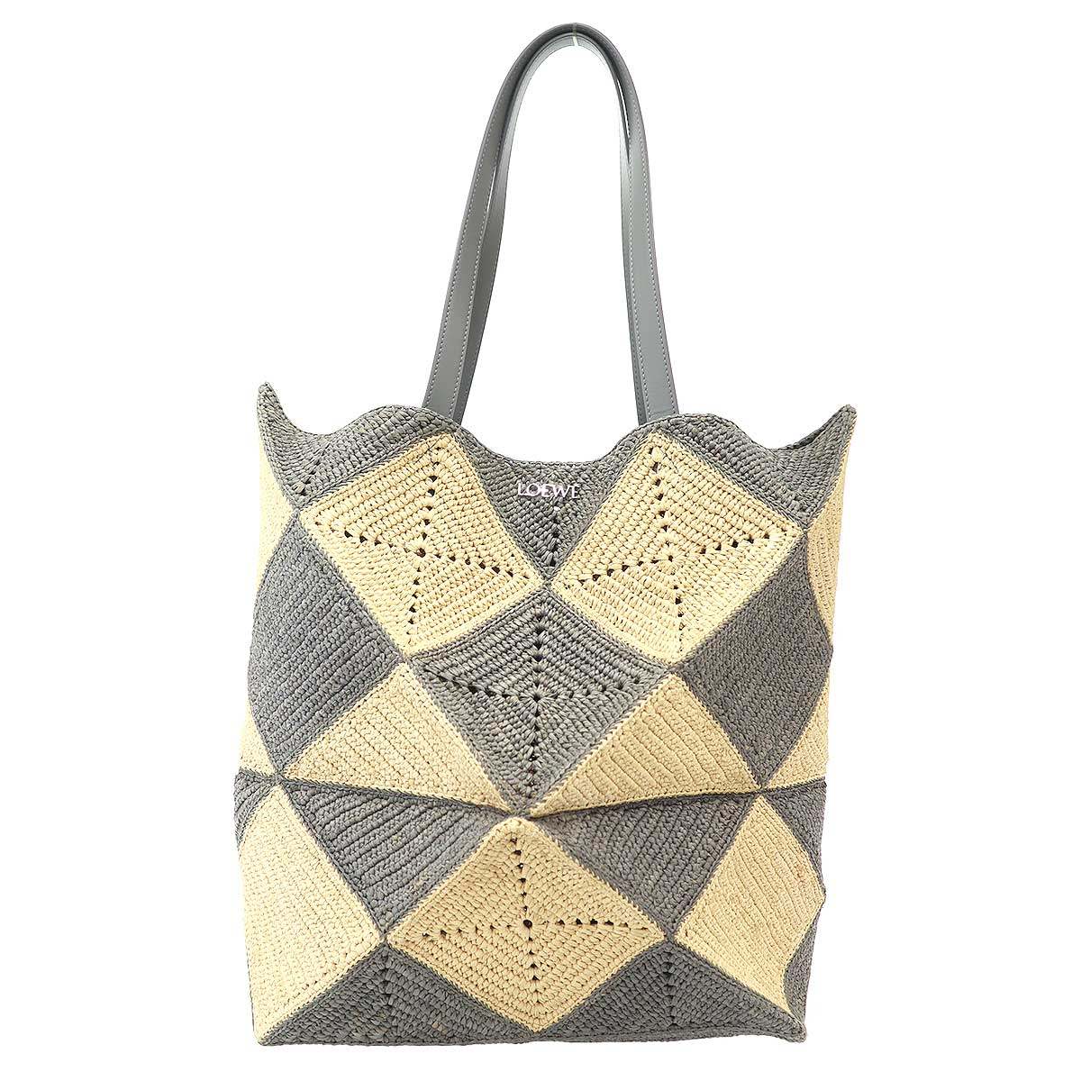LOEWE - LOEWE ロエベ 25SS PUZZLE TOTE XL DAIAMOND パズルフォルドラフィアトートバッグ B779Q18X47 グレー×ベージュ 【中古】 ITRRHRPYPST6