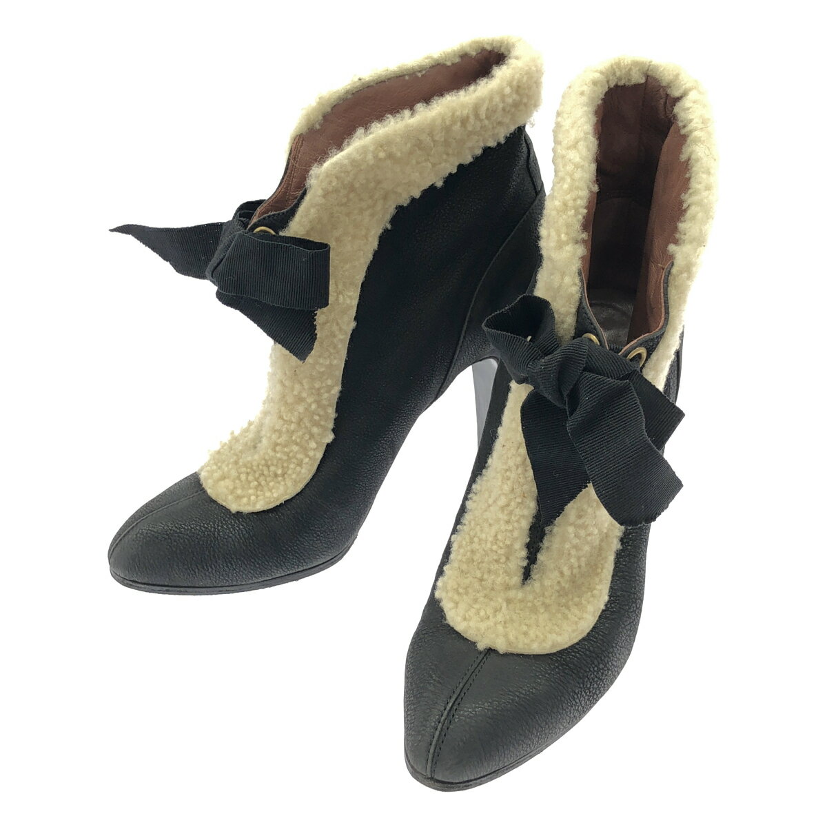 Rakuten - VIKTOR&ROLF ヴィクターアンドロルフ ボアムートンコンビレザーヒールブーティ ブラック 36 【中古】 IT4NOZ6VF6VQ