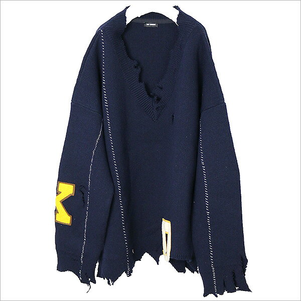 RAF SIMONS ラフシモンズ 16AW ランウェイ着オーバーサイズダメージ加工ワッペンニットセーター ネイビー F【中古】:MODESCAPE
