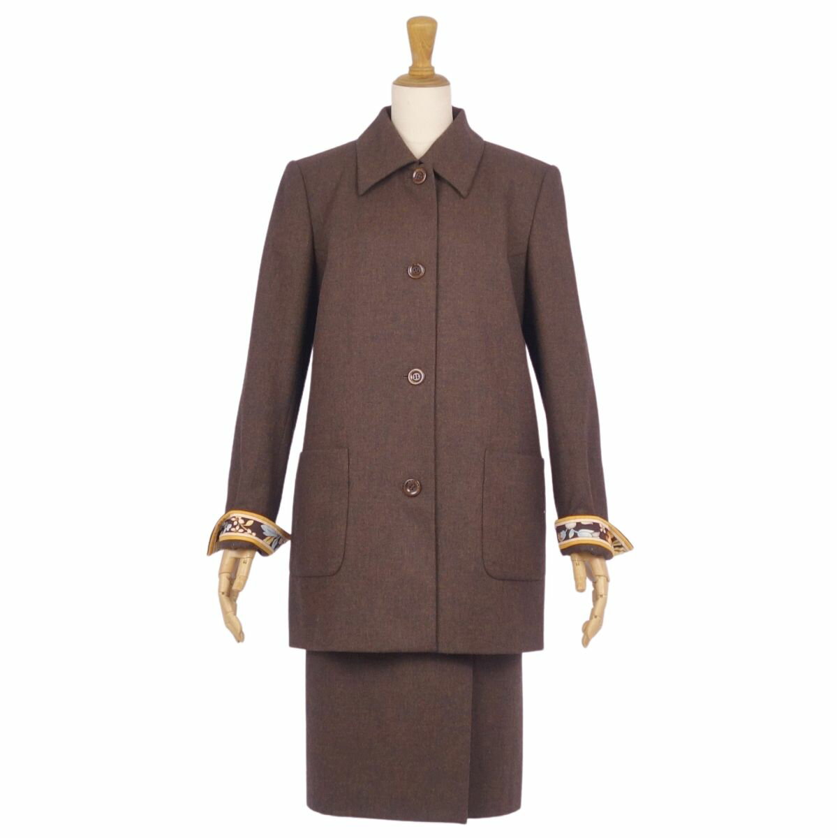 【美品】レオナール LEONARD FASHION セットアップ スーツ テーラードジャケット タイトスカート レディース 38(M相当) ブラウン【中古】