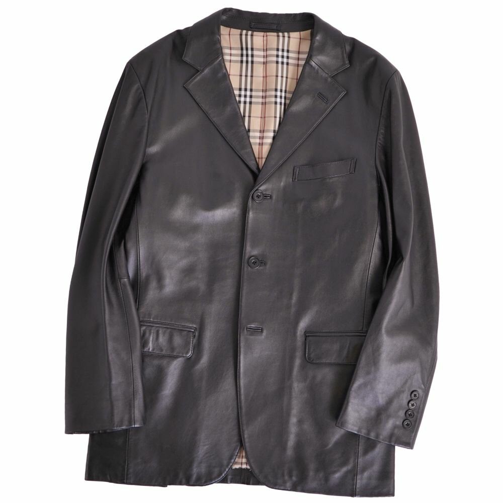【美品】バーバリー ブラック レーベル BURBERRY BLACK LABEL ジャケット テーラード ラムレザー 裏チェック アウター メンズ L ブラック【中古】