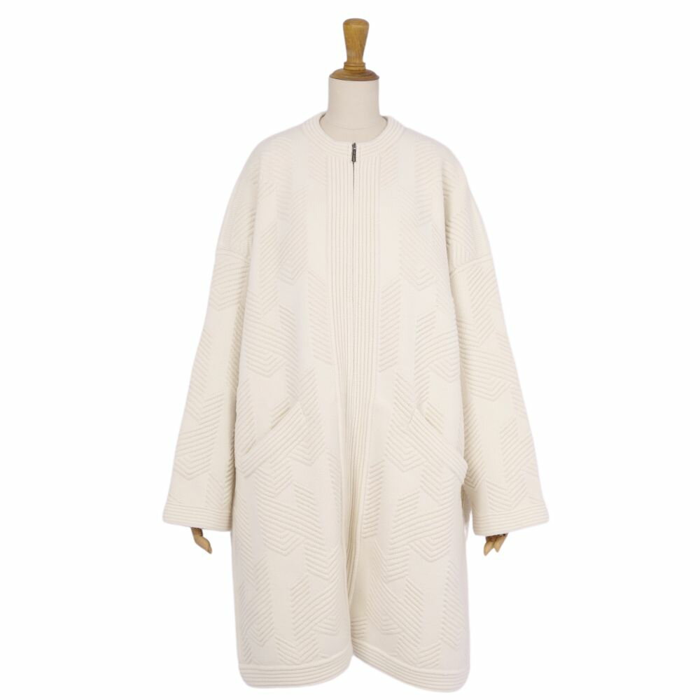 【極美品】エルメス HERMES コート 23AW ロングコート ウール ニット ジップアップ アウター レディース イタリア製 34(S相当) アイボリー【中古】