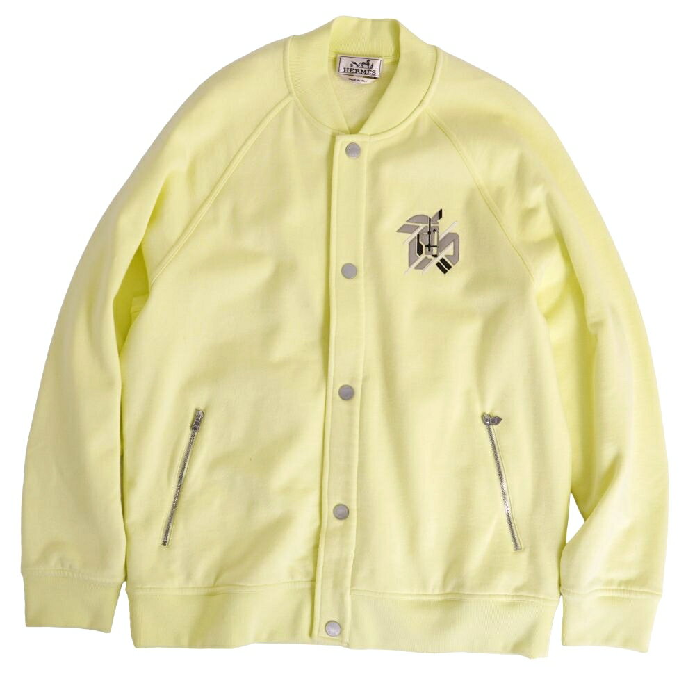 Rakuten - 【美品】エルメス HERMES ジャケット 23SS テディ ブルゾン スウェット シュヴォー アン シンメトリー セリエボタン レザーパッチ アウター メンズ イタリア製 M イエロー【中古】