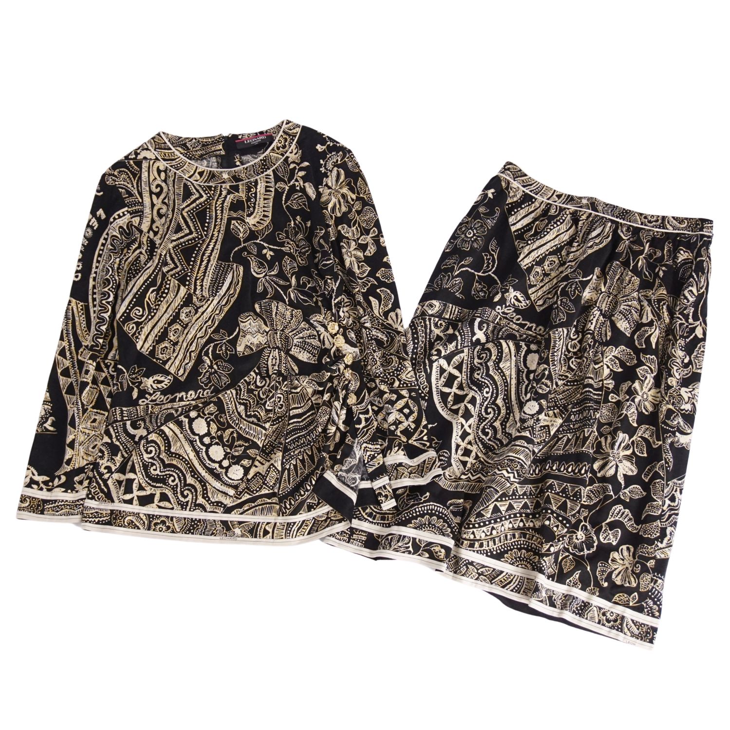 【美品】レオナール LEONARD FASHION セットアップ シャツ ブラウス スカート 総柄 ウール シルク レデ..