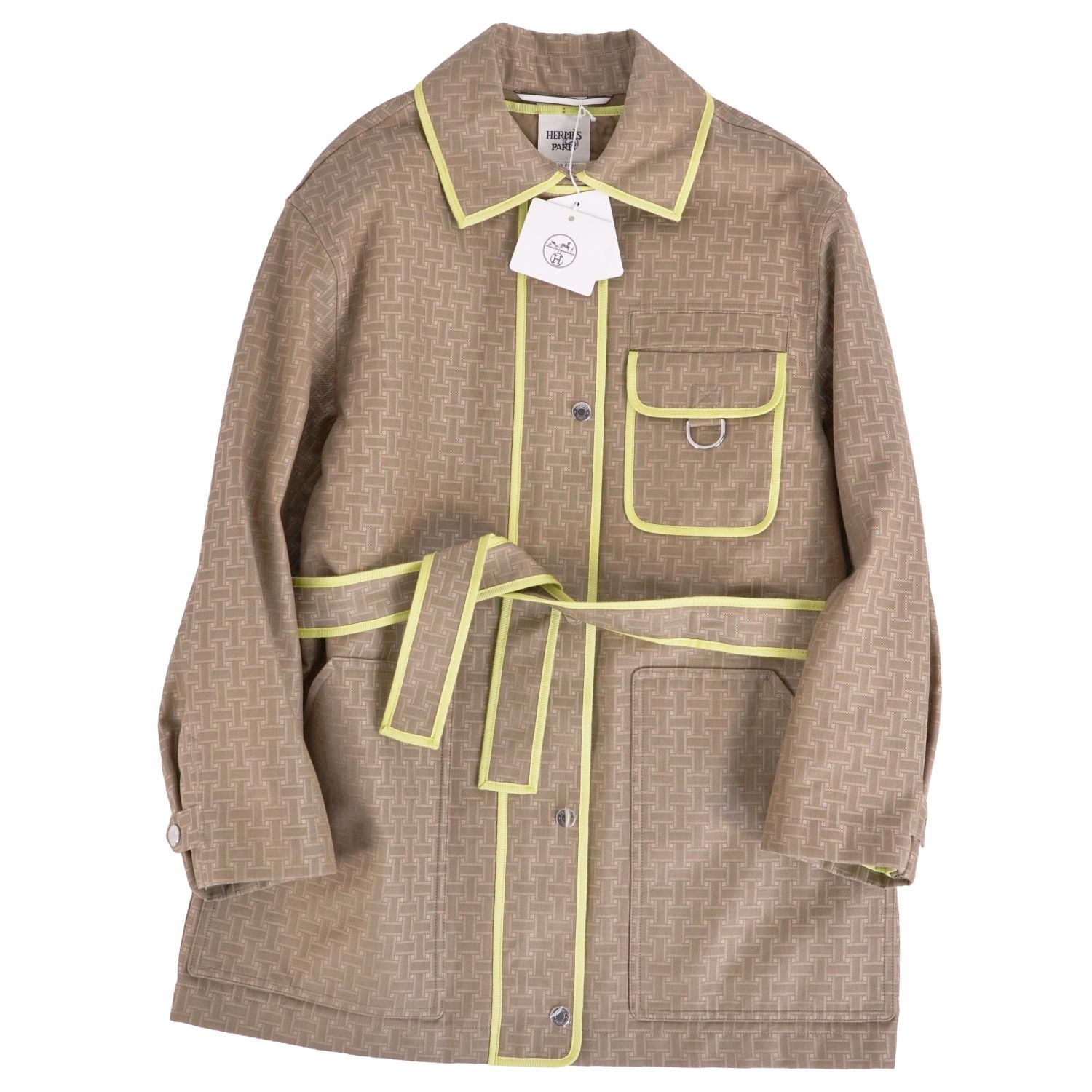 【新古品】エルメス HERMES 2022年 コート ハーフ丈 モザイクモチーフ 総柄 中綿ライナー付き コットン アウター レディース 34(XS相当) カーキベージュ【中古】