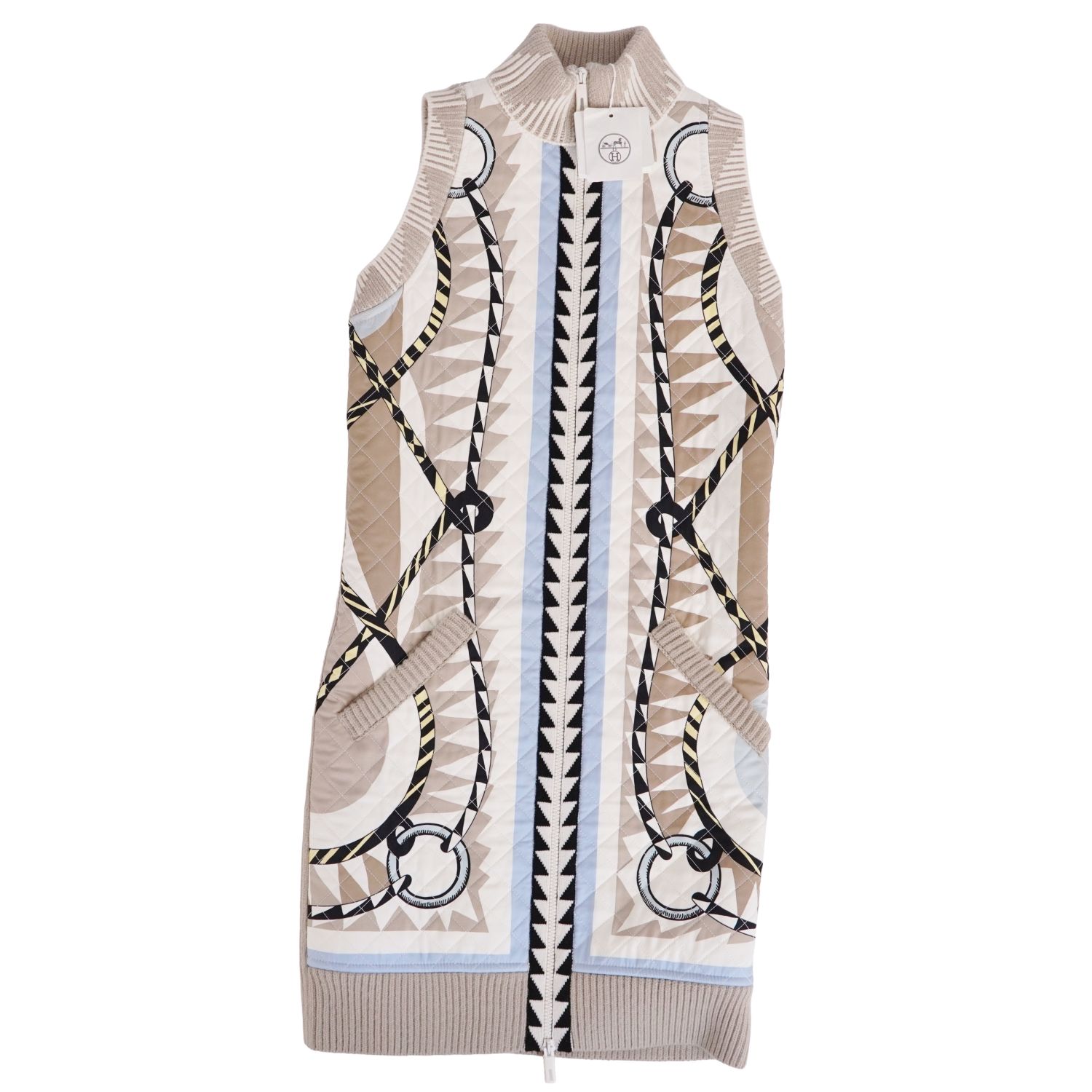 【新古品】エルメス HERMES 23AW コート ジレ ベスト ロングコート ノースリーブ 総柄 キルティング ニット シルク ウール カシミヤ レディース 34(XS相当) グレージュ/マルチカラー【中古】