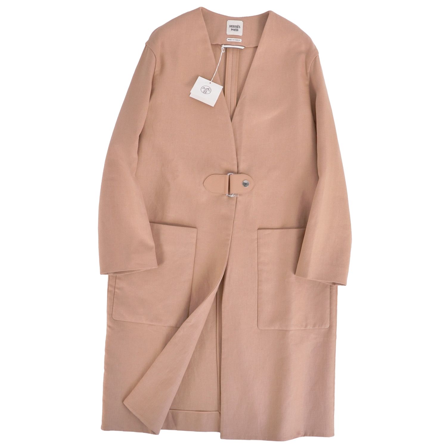 【新古品】エルメス HERMES 21SS コート ロングコート ノーカラー セリエボタン リネン コットン 無地 アウター レディース 38(M相当) ブラウン【中古】