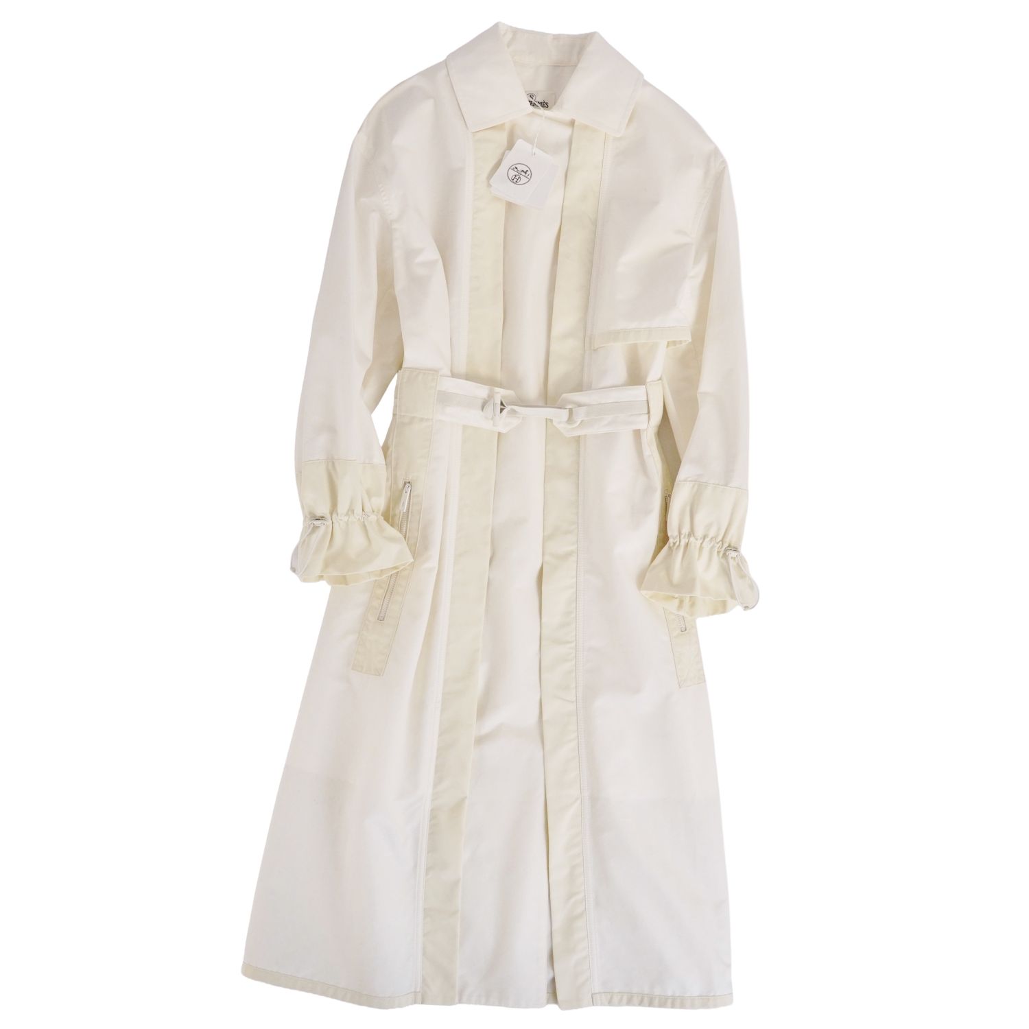 【新古品】エルメス HERMES 23SS コート ロングコート ジップアップ コットン ナイロン 切替 無地 アウター レディース 34(XS相当) ホワイト【中古】