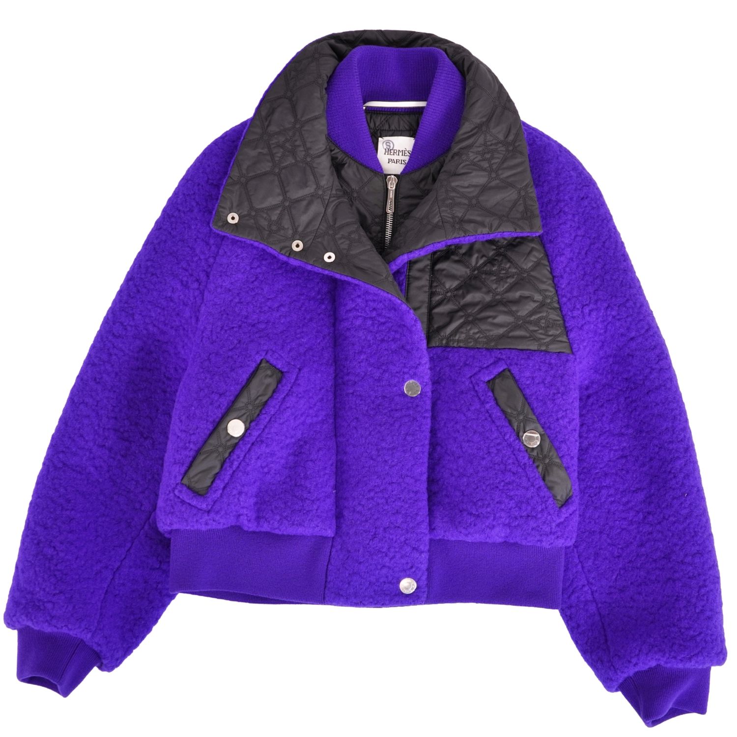 【新古品】エルメス HERMES 23AW ジャケット ブルゾン ボア 中綿入り ウール モヘヤ アウター レディース 34(XS相当) ブルー/ブラック【中古】