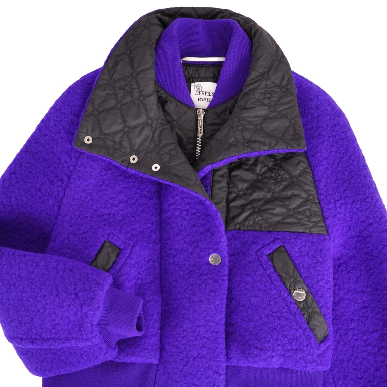 【新古品】エルメス HERMES 23AW ジャケット ブルゾン ボア 中綿入り ウール モヘヤ アウター レディース 34(XS相当) ブルー/ブラック【中古】