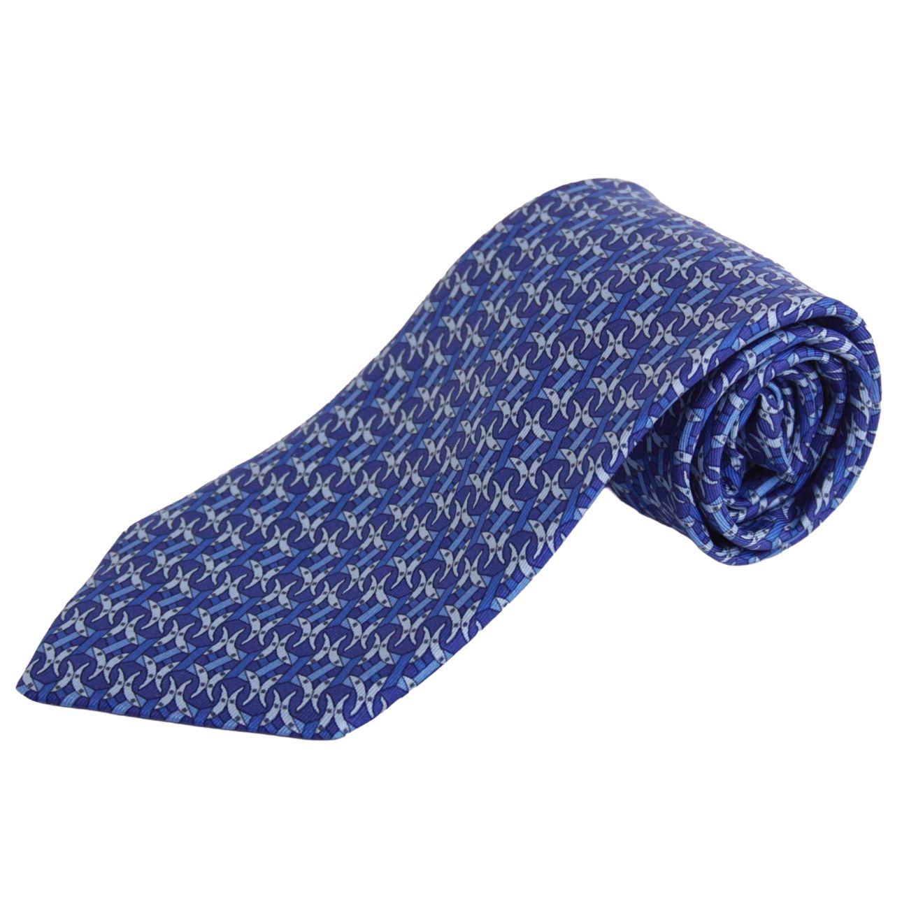 【極美品】エルメス HERMES ネクタイ 総柄 シルク メンズ フランス製 ブルー【中古】