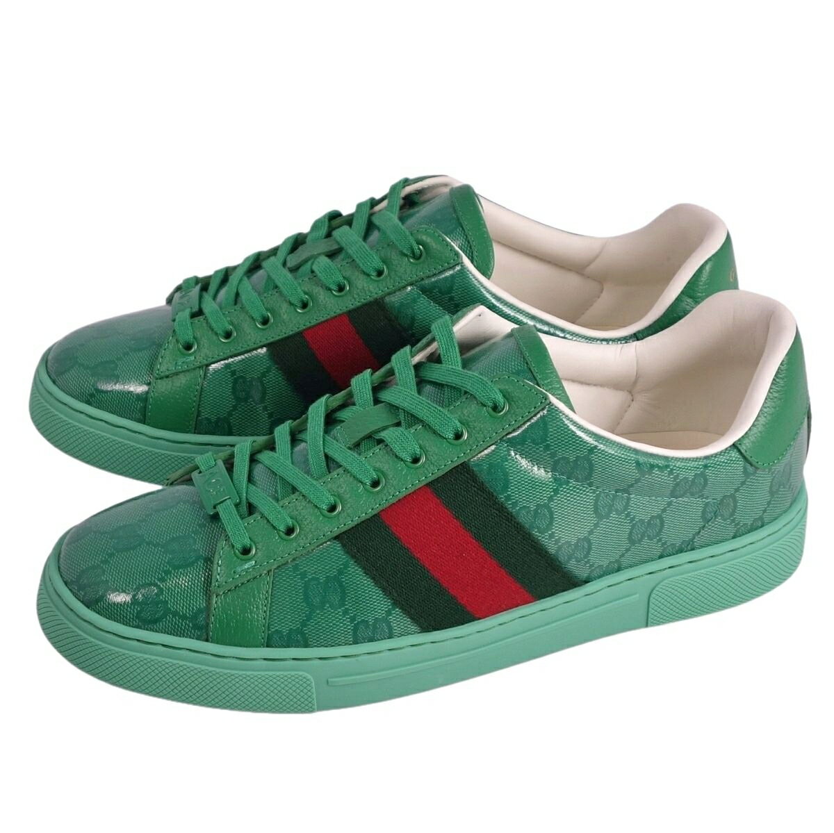 【新古品】グッチ GUCCI スニーカー ACE エース GGスプリーム ウェブストライプ シェリーライン PVC シューズ 靴 メンズ 8.5(27.5cm相当) グリーン【中古】