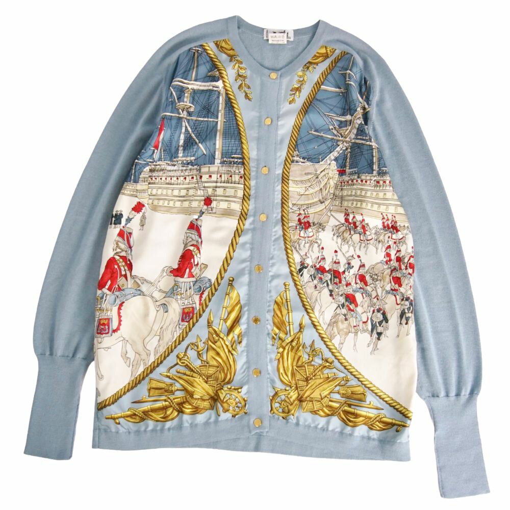 Rakuten - 【美品】Vintage エルメス HERMES カーディガン MARINE CAVALERIE 海と騎兵隊 ニット シルク切り替え トップス レディース フランス製 40(L相当) ブルー【中古】