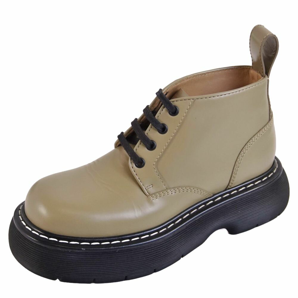 【美品】ボッテガヴェネタ BOTTEGA VENETA ブーツ The Bounce ザバウンス レースアップ レザー シューズ 靴 レディース イタリア製 37(24cm相当) カーキ【中古】