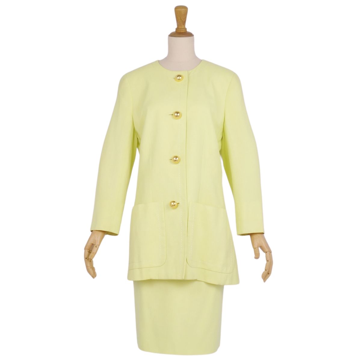 Vintage セリーヌ CELINE セットアップ スカートスーツ 金ボタン リネン ジャケット スカート レディース フランス製 38(M相当) イエロー【中古】