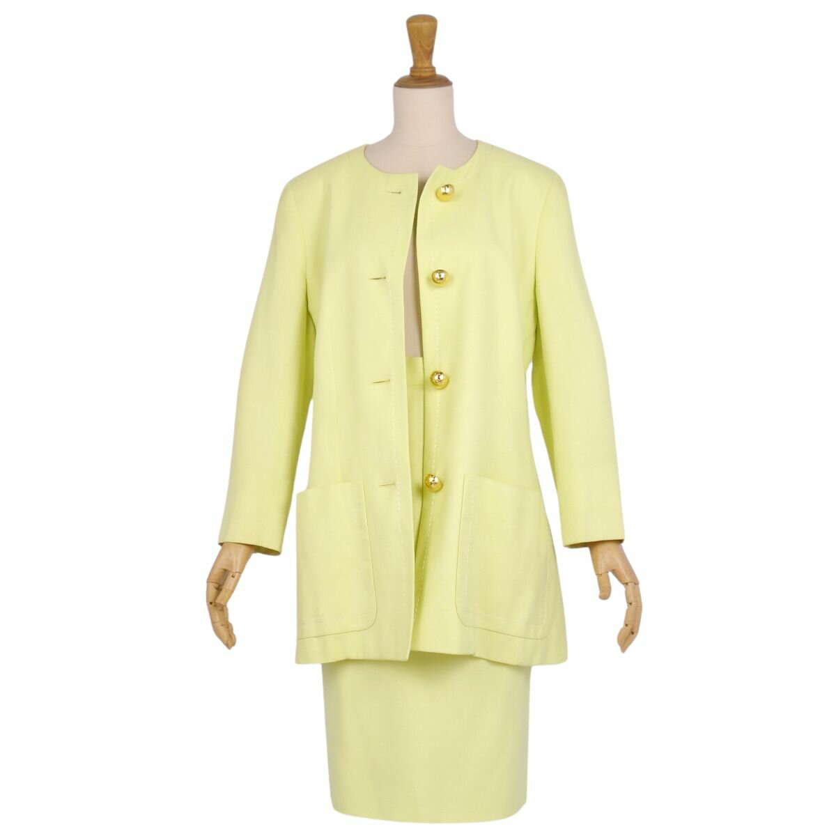 Vintage セリーヌ CELINE セットアップ スカートスーツ 金ボタン リネン ジャケット スカート レディース フランス製 38(M相当) イエロー【中古】
