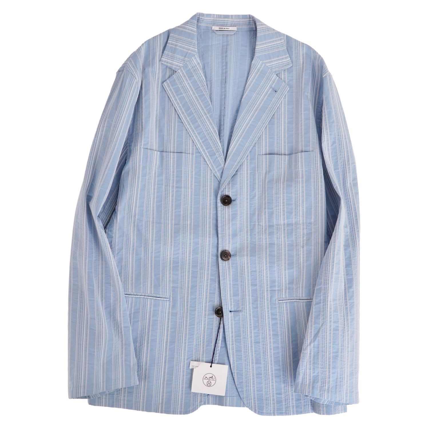 樂天商城 - 【極美品】エルメス HERMES 2020年 ジャケット テーラードジャケット 芯なし ストライプ コットン アウター メンズ 50(M相当) ライトブルー【中古】