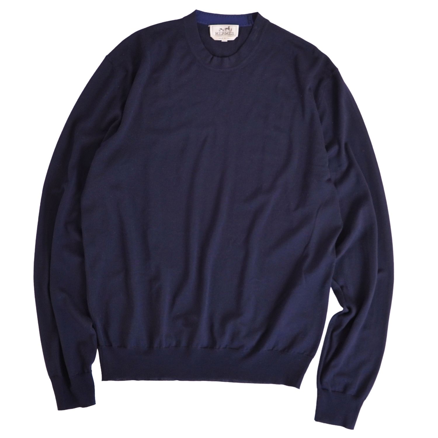 Rakuten - 【極美品】エルメス HERMES 23AW ニット セーター ロングスリーブ 長袖 無地 ウール トップス メンズ L ネイビー【中古】
