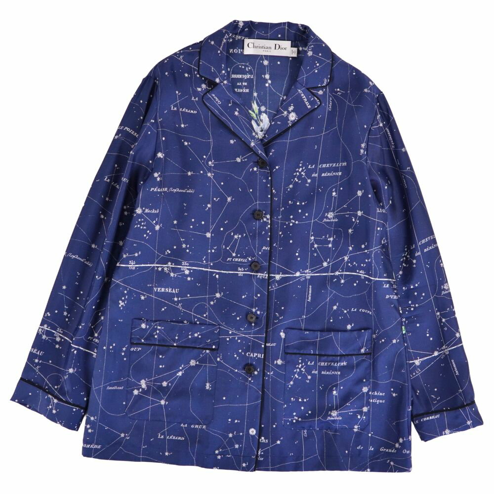 Rakuten - 【極美品】クリスチャンディオール Christian Dior シャツ 2021 ブラウス ロングスリーブ 長袖 総柄 ゾディアック柄 シルク トップス レディース イタリア製 36(S相当) ネイビー【中古】